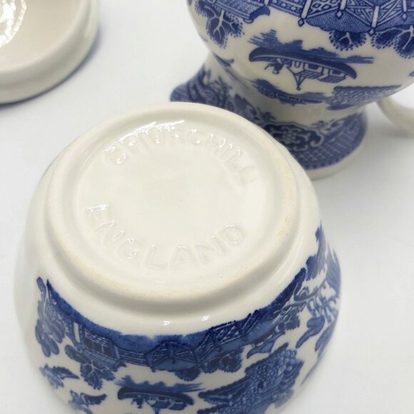 Churchill Blue Willow Creamer and Sugar Bowl with Lid-England-Vintage - Picture 6 of 10